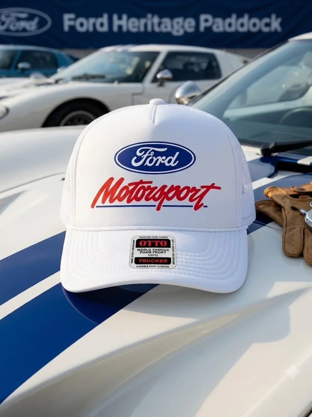 Retro Ford Motorsport Foam Trucker Hat White Rope Snapback Racing Cap NASCAR 90s